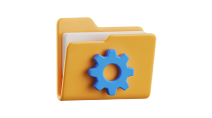 Modern 3D file folder icon with blue gear symbolizing settings, configuration, and data management solutions for digital workflows.