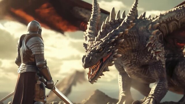 A knight in armour stands before a fiery dragon, ready for battle. Suitable for illustrations in fantasy books, board games, computer game advertising, or fantasy films.
