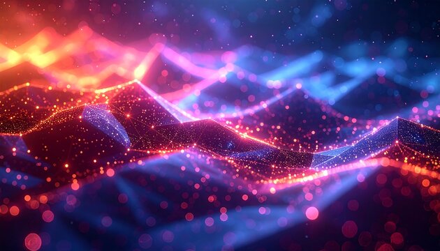 An abstract digital artwork presenting a colorful, textured mountain range of glowing particles with a cosmic backdrop - Powered by Adobe