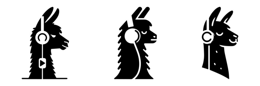 Llama Listening to Music: A Minimalist Black and White Design.