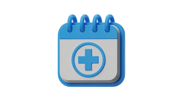 Modern 3D calendar icon with blue cross symbol for medical appointments, health reminders, and healthcare scheduling needs