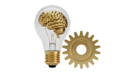 Brilliant golden brain inside a clear lightbulb sparks innovative ideas alongside a gleaming gear, symbolizing ingenuity and mechanical thought processes.