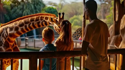 A family watches a giraffe at the zoo. This perfectly conveys the atmosphere of a family holiday, communing with nature and educational excursions for children.
