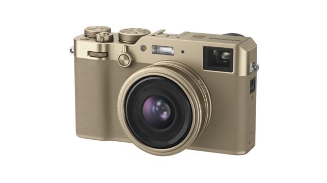 Elegant gold digital camera with vintage design and professional lens captures stunning detail for aspiring photographers and enthusiasts alike