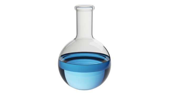 Clear glass flask with vibrant blue liquid creating ripples, perfect for scientific research, medical advancements, or creative projects.