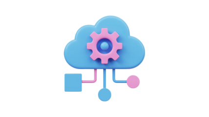 Modern cloud computing icon with gear and network connections for innovative technology solutions and digital transformation