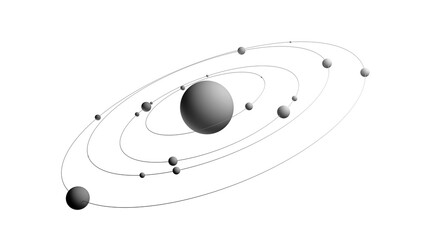 An abstract model of an atom or stellar system with a central object (the nucleus of an atom/star) and secondary objects (electrons/planets) with orbits. A model of a planet with satellites and orbits