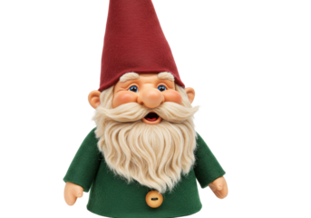 Isolated cheerful holiday gnome with pointy hat and long beard looking at viewer, festive home decor