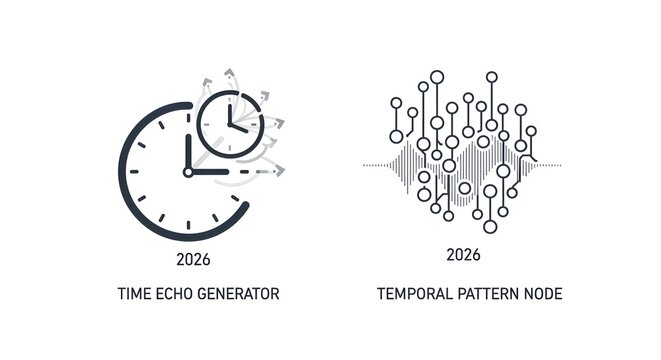 Futuristic 2026 flat vector icon pack illustrating time drift stabilization, mental clock regulation, and temporal pattern node concepts, clean digital design