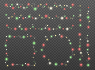 Festive multicolor Christmas string lights in red, green, yellow, and white. Perfect for holiday cards, invitations, banners, decorations, and winter-themed designs.