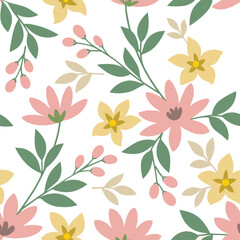 Blooming colorful hand drawn flowers pattern. This pattern can be use for fabric textile wallpaper gift wrap paper background.