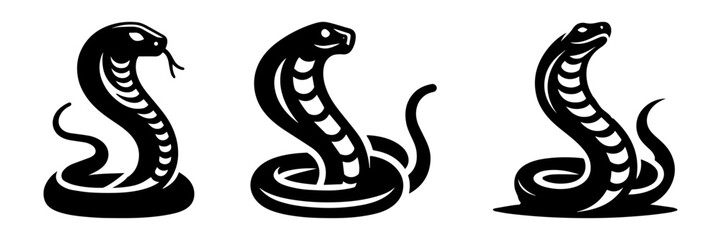 Fototapeta premium Three black cobra snake illustrations on a white background.