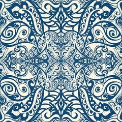 Vibrant vector seamless pattern inspired by Thai/Lao Khid/Ikat tribal textiles. Bold symmetric geometric diamond and chevron shapes on a rich navy blue background