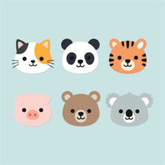 Cute kawaii animal faces minimal paper cut style collection, flat vector illustration
