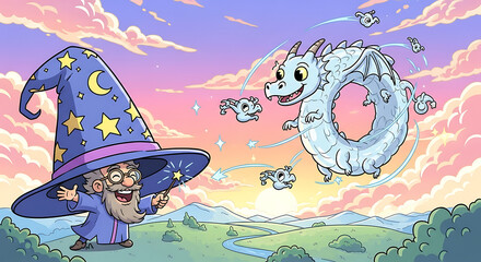 Naklejka premium Whimsical Wizard Summons Joyful White Dragon Spirits