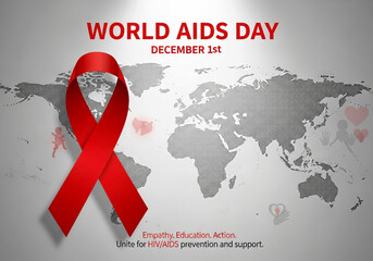 World AIDS Day: A striking red ribbon, the universal symbol of solidarity, stands boldly against a backdrop of a global map. Commemorating the yearly remembrance of the fight against the disease.