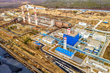 Flying over an old and new thermal power station. Industrial zone