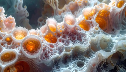 Abstract image featuring textured, porous, organic formations with glowing orange interiors. The shapes resemble complex structures