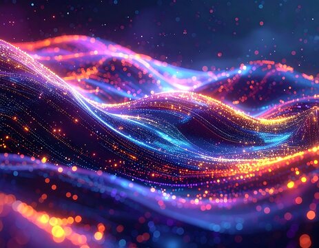 An abstract, digital depiction of glowing, undulating lines and particles with vibrant colors, creating a dynamic, futuristic look. The waves have hints of orange, blue