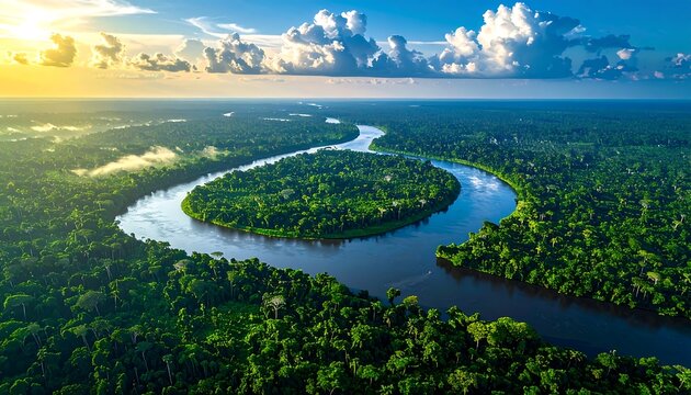 An aerial view showcases a wide, winding river slicing through a vibrant green, dense forest under a bright blue sky with fluffy clouds. Sunlight casts shadows