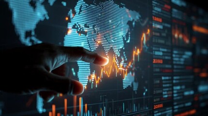 Dynamic global financial data visualization with hand interacting on futuristic digital map screen - Powered by Adobe