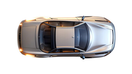 Silver convertible sports car, with illuminated headlights viewed from directly above, cutout, PNG, isolated on white or transparent background, AI