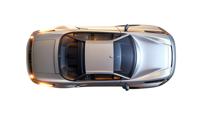 Silver convertible sports car, with illuminated headlights viewed from directly above, cutout, PNG, isolated on white or transparent background, AI