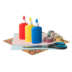 Red Yellow Blue Glue Bottles, Washi Tapes Scissors and Patterned Paper Sheets, isolated on white or transparent background. PNG