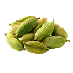 A close-up pile of fresh green cardamom pods aromatic spice isolated for culinary use