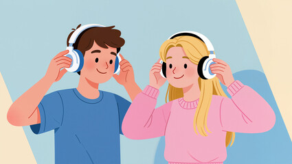 Enjoying music together with headphones in a cheerful space