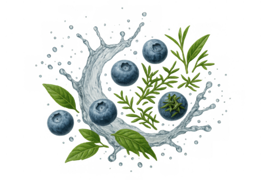Blueberries, green leaves and branches with water splash, representing freshness and healthy nutrition - Powered by Adobe