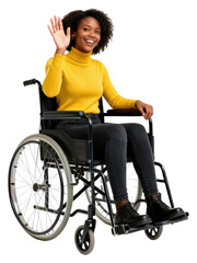 Cheerful young woman in wheelchair waving hello with a bright smile and friendly gesture, full length shot on a clean, white background, accessibility