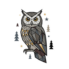 Fototapeta premium Geometric owl illustration with Christmas trees and stars in winter colors, perfect for seasonal designs