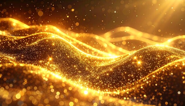 An abstract depiction of golden shimmering waves, illuminated by bright light with sparkling particles throughout