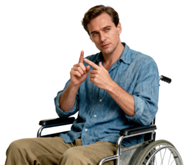 Man in Wheelchair Explaining Something with Hand Gestures