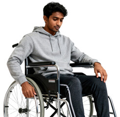 Obraz premium Young South Asian Man in Wheelchair on White Background, Contemplative Look