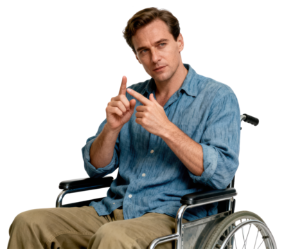 Man in Wheelchair Explaining Something with Hand Gestures