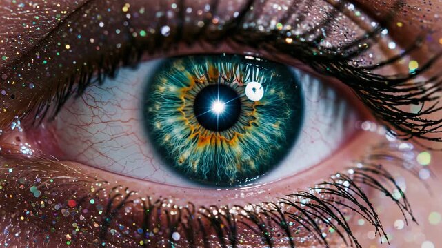Extreme closeup of a human eye with glitter on the eyelid and lashes