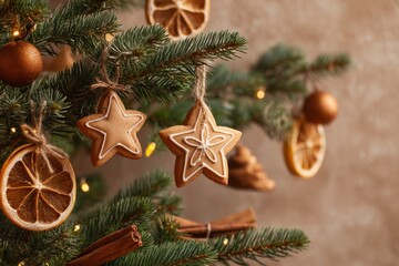 Christmas tree with handmade edible cookie ornaments, dried oranges, cinnamon sticks, and warm fairy lights, professional festive product photo