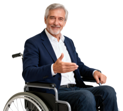Smiling Senior Man in Wheelchair Offering Handshake, Isolated