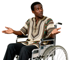 Confused African man in wheelchair shrugging, isolated on white. Disability concept.
