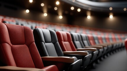 Empty red and gray seats are arranged in rows, creating a cozy atmosphere in the theater before the start of the film