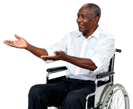 Smiling African American senior man in wheelchair extending hands in a welcoming gesture on white background, representing accessibility and care.