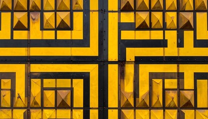 Abstract close-up showing a geometric, patterned structure of yellow and black. Metal surface with embossed squares
