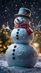 A cheerful smilling snowman with a black top hat, orange carrot nose, and red scarf stands in a snowy landscape
