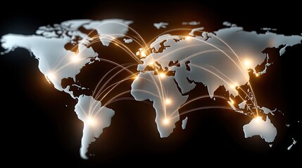 Bright lines illustrate connections between regions on a world map, showcasing the flow of information and networks in a dark setting