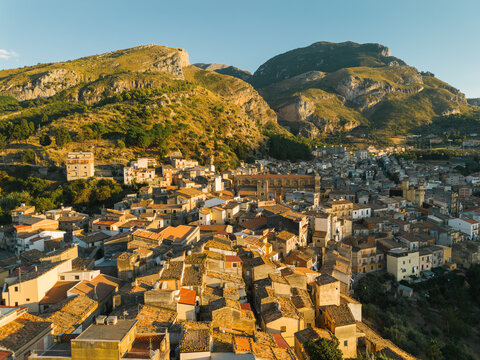 Drone view on Collesano- small town in Madonie Mountains, Sicily, Italy