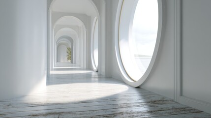Long, narrow corridor with white walls and wooden flooring. the corridor has three arches on either side, each with a large circular window on the right side.