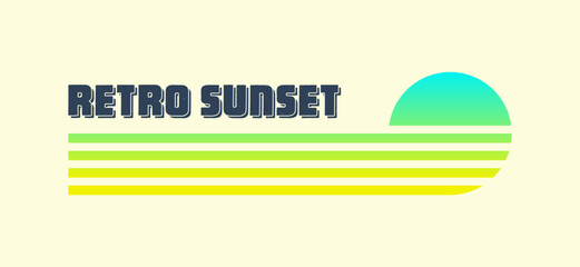 Vintage colorful sunset. Various gradient striped sunrise badges in 80s and 90s style. Sun and ocean view, summer vibes, surfing. Design element for print, logo or t-shirt. Vector illustration