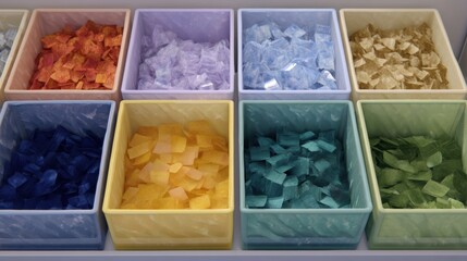 Collection of nine rectangular plastic containers arranged in a row on a white shelf. each container has a different color - pink, orange, yellow, blue, green, and light blue.